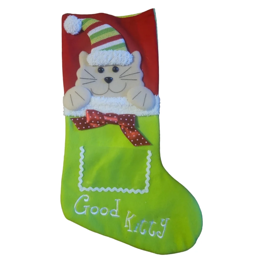 NWOT Cracker Barrel Cat Christmas Stocking Cap 3D With Picture Pocket Good Kitty